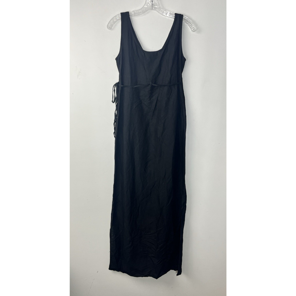 Finity Naturals Linen Blend Midi Wrap Dress 4 Black V Neck Sleeveless Minimalist - Picture 3 of 12
